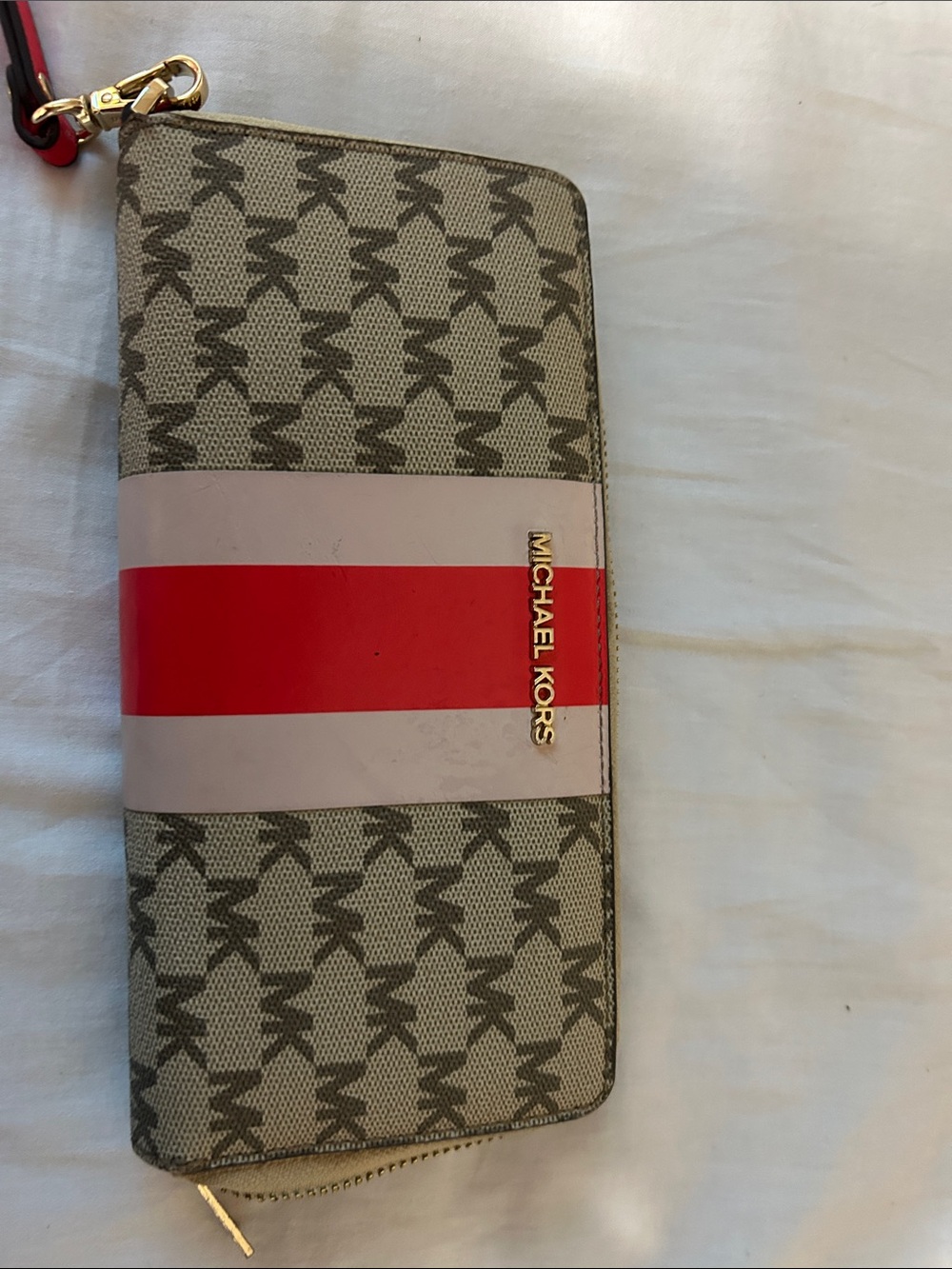 Michael Kors Beige Signature Zip Wallet with Red and Pink Stripes